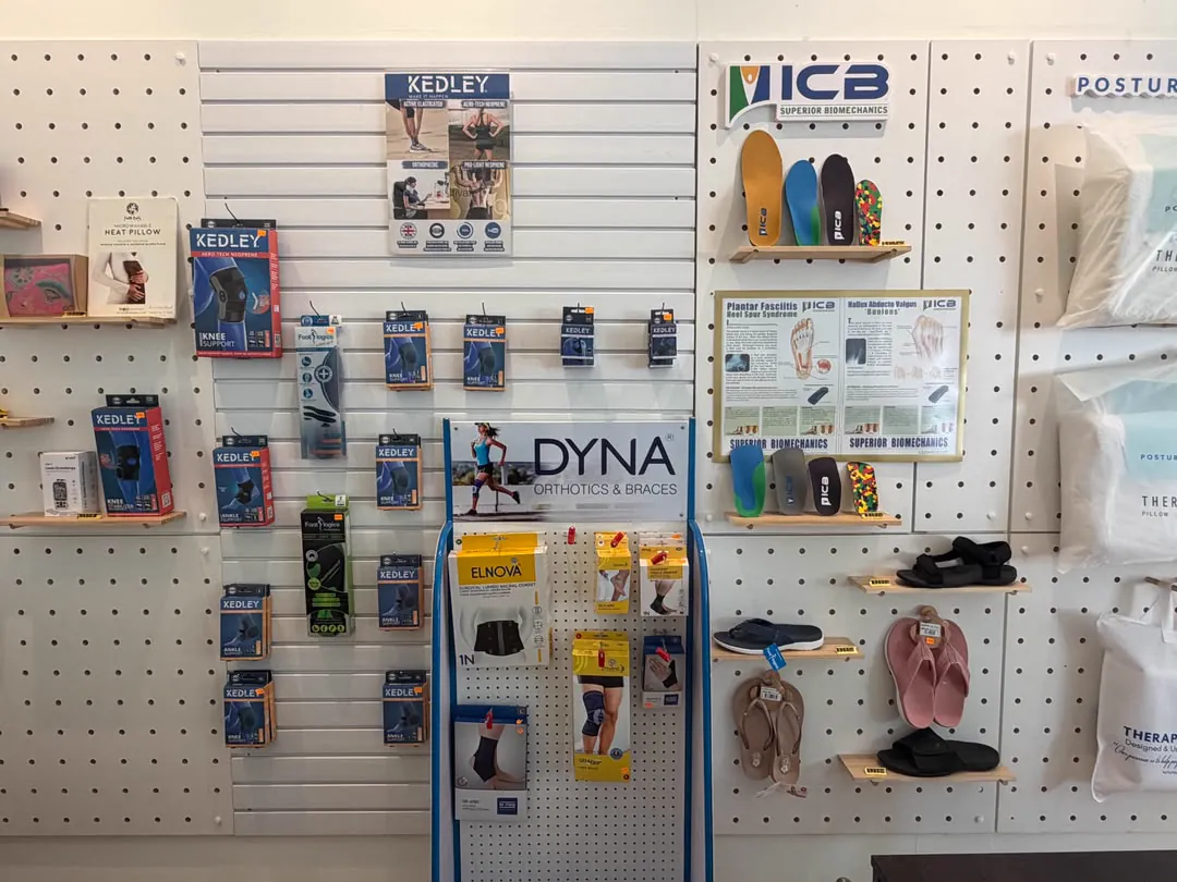 Product display wall with braces, orthotics and supports